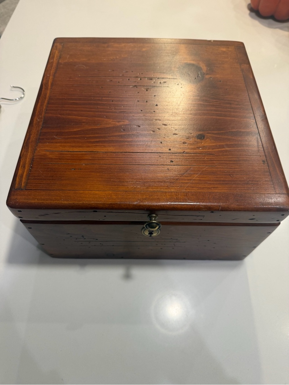 Vintage Brown Wood Grain Storage Box w/ Lid, Faux Latch 12"x5"